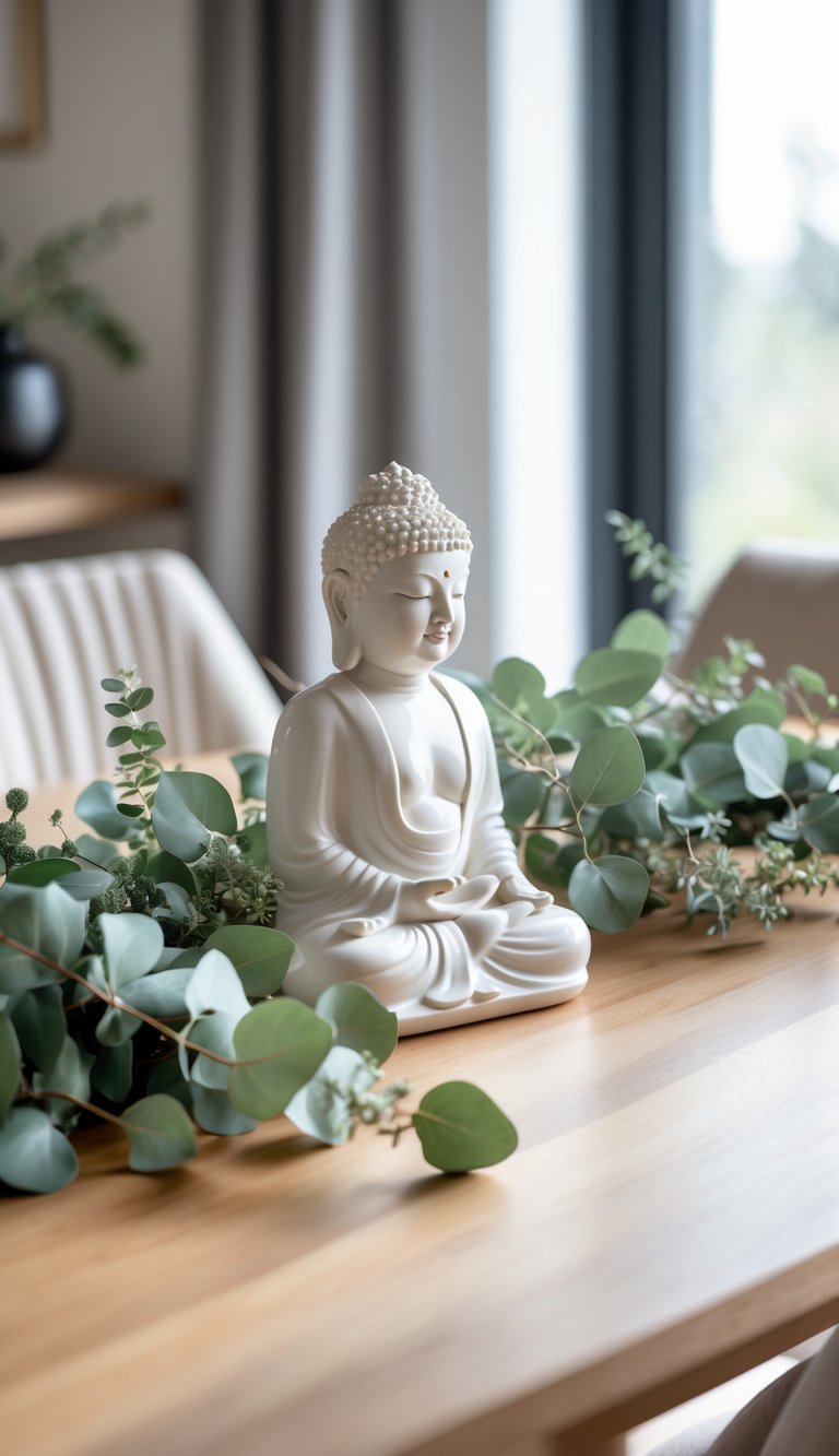 A ceramic Buddha statue on a wooden dining table surrounded by fresh eucalyptus sprigs.